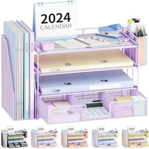 OPNICE Desk Organizers and Accessories, Paper Letter Tray File Organizer with Drawer and 2 Pen Holder, Classroom Office Supplies Decor Desk Accessories Workspace Desktop Organizer for Women(Purple)