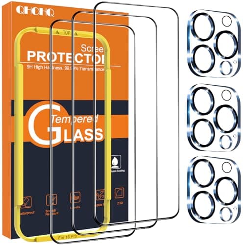 QHOHQ for iPhone 16 Pro Screen Protector with Camera Lens Protector, [Military Grade Shatterproof], Top 9H+ Tempered Glass, Full Edge Coverage, Ultra Durable, with Easy Installation Tool [3+3 Pack]