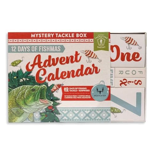 Mystery Tackle Box 12 Days of Fishmas Advent Calendar – Bass Fishing Lure Gift Set with 35 baits & lures including 10 Premium Baits, Holiday Decal & Meateater Trivia Pack