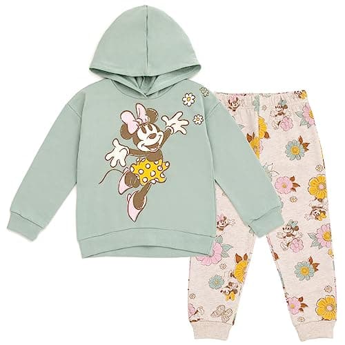 Disney Minnie Mouse Toddler Girls Fleece Pullover Hoodie and Pants Outfit Set Green/White 4T