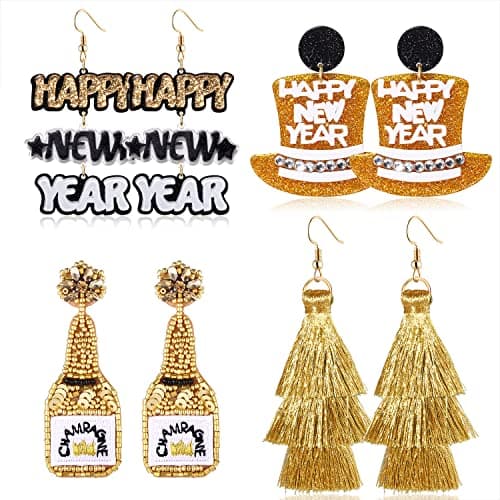 2025 New Years Eve Earrings Beaded Champagne Bottle Happy New Years Hat Earrings Festive Holiday Jewelry Gifts for Women