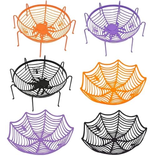 6 Pcs 11Inch Halloween Candy Bowl Set, Spider Web Design, 3 with legs & 3 without, Black/Orange/Purple—Haunted House Table Decor, Trick-or-Treat, Party Supplies, Eye-catching even without candies