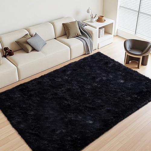 Black Rugs for Living Room Fluffy 4x6 ft Bedroom Rug Non-Slip Area Rugs Shag Carpet for Nursery Kids PlayRoom Dorm Office Indoor 1.7'' Thick Modern Plush Carpets Boys