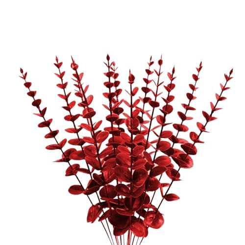 ABAJI Plastic Eucalyptus Wine Red Stems 12 PCS Fake Faux Decorations with Artificial Leaves Greenery Plant Leaf Suitable Home Office House Table Desk Decor Wedding Party Vase Forever Live