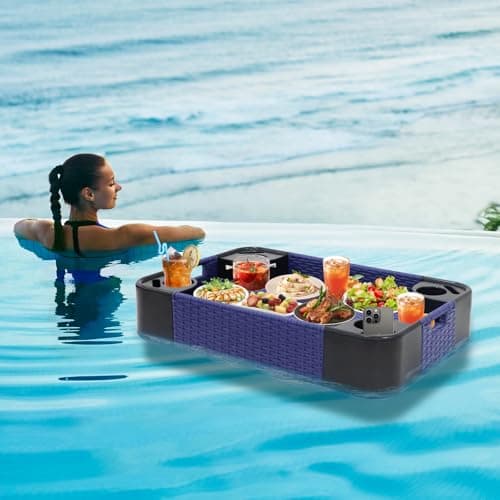 EAGLE PEAK 35”x24” Rectangular Floating Tray for Pool and Hot Tub Wicker Serving Tray with Handles & Cup Large Floating Tray for Food & Drinks, Blue
