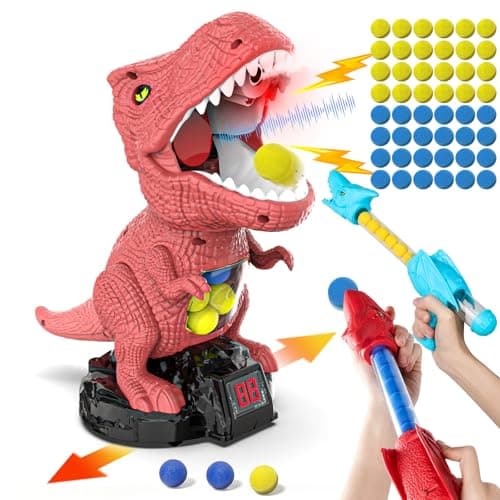 Dinosaur Shooting Toy for Boys Girls, Movable Target Shooting Games with 2 Air Pump Launcher, 48 Foam Balls, LED Score Record, Spray Effect & Sound