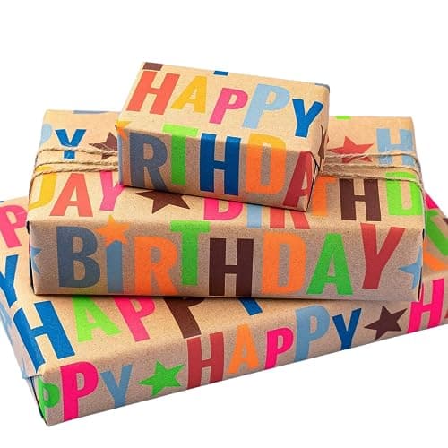 BIOBROWN Kraft Wrapping Paper Roll Colorful Text Happy Birthday Design Perfect for Birthday Holiday Wrap 17 inch X 33 feet