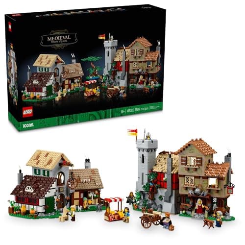 LEGO Icons Medieval Town Square Build and Display Model, Classic Castle Set Reimagined with 8 Medieval Minifigures, Explore the Medieval Village of Felsa in this Building Set for History Lovers, 10332