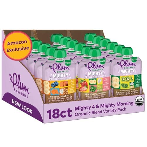Plum Organics Variety Pack, 12+ Months – Toddler’s Taste Adventure & Sunrise Pack – Mighty 4 & Mighty Morning Organic Fruit & Veggie Pouches – 4 oz Pouch, Pack of 18 (Amazon Exclusive)