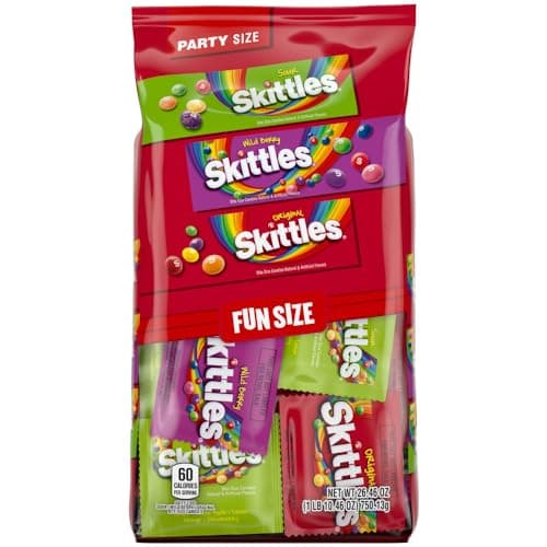 SKITTLES Original, Wild Berry & Sour Fun Size Chewy Individually Wrapped Halloween Candy Variety Pack Trick-or-Treat Assortment, Party Size, 26.46 Oz Bulk Bag