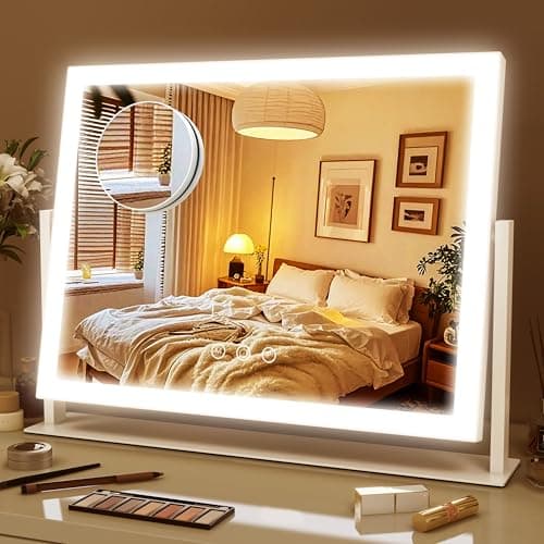 ROLOVE Lighted Makeup Mirror 16.3"x12.6", Hollywood Vanity Mirror with 10X Magnifier, 3 Color LED Lighting Modes, Smart Touch Control & 360° Rotation, Tabletop Makeup Mirror (White, Gift Ready)