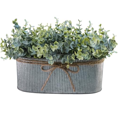 Winlyn Artificial Eucalyptus Arrangement in Rustic Oval Galvanized Metal Planter Box Faux Eucalyptus Bush Greenery Potted Plants for Farmhouse Indoor Home Office Table Centerpiece Kitchen Décor