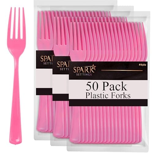 Pink Plastic Forks Disposable 50 Pack, Heavy Duty Plastic Silverware, Plastic Cutlery Ideal for Hot and Cold Food, Plastic Utensils for Home Office School Party Picnics Weddings - SparkSettings