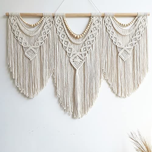 guzhiou large macrame wall hanging - Boho Tapestry Macrame Wall Decor Art- Chic Bohemian Handmade Woven Tapestry Home Decoration for Bedroom Living Room Apartment Wedding Party - 43"x32" (Wood bead)