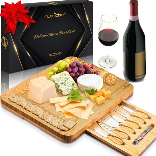 NutriChef Organic Bamboo Cheese & Charcuterie Board Set, Extra Large Serving Platter with Stainless Steel Knives, Fork and Condiment Cup – Ideal for Kitchen, Parties & Gifting