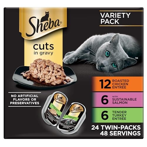 Sheba Perfect Portions Wet Cat Food Cuts in Gravy, Roasted Chicken Entree, with Sustainable Salmon, Tender Turkey Entree, 2.6 oz. Twin-Pack Trays (24 Count, 48 Servings)