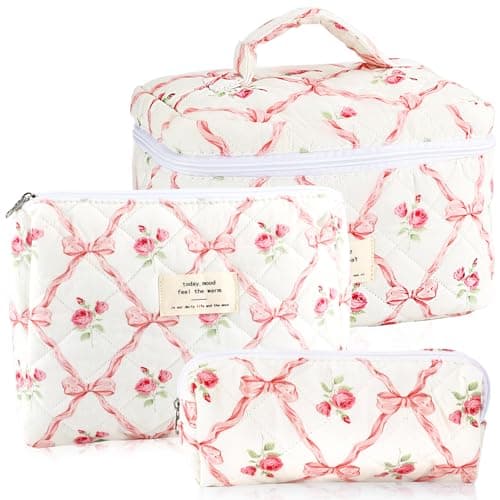 URSKYTOUS 3Pcs Makeup Bag Quilted Cosmetic Bag Set Bow Travel Large Makeup Pouch for Women Cute Portable Cotton Toiletry Bag Skincare Organizer Coquette Vintage Travel Essential