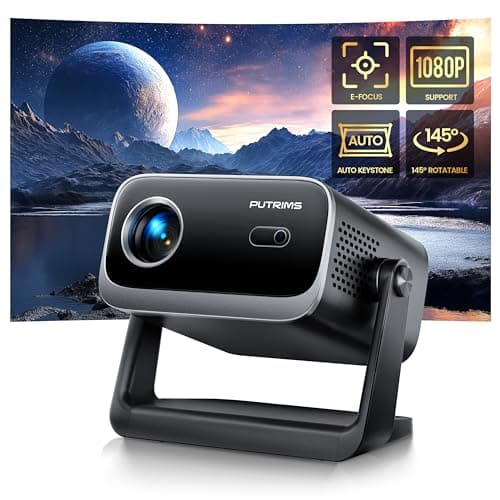 [Electric Focus & Auto Keystone] Mini Projector with WiFi Bluetooth, PUTRIMS Portable 1080P Support Movie Projector 145° Rotatable 50% Zoom Fully Sealed Small Projector for Phone TV Stick HDMI USB