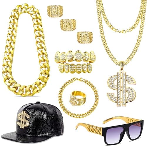 MEDOJO 80 90s Hip Hop Costume Outfit Kit Fake Golden Chain Dollar Sign Cap CZ Grillz Teeth Rapper Accessories Set