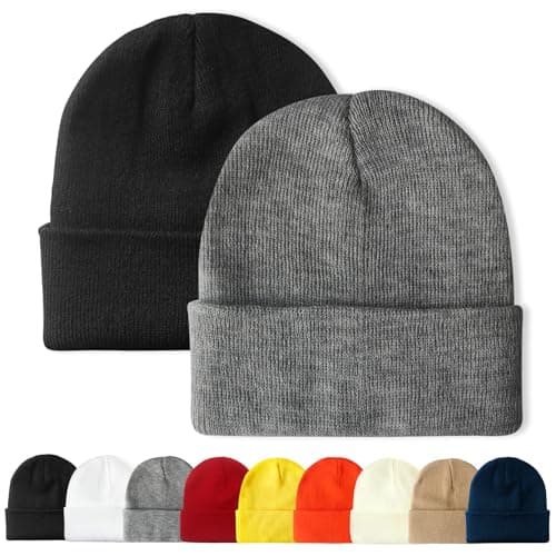 PFFY 2 Packs Unisex Beanie Hats for Men Women Knit Winter Beanies Black+Gray
