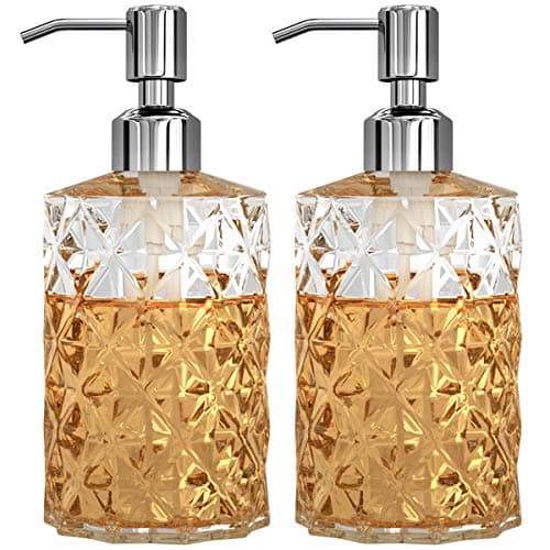 GLADPURE Soap Dispenser - 2 Pack, 12 Oz Clear Diamond Design Glass Refillable Hand Soap Dispensers; with 304 Rust Proof Stainless Steel Pump, Lotion Dispensers for Kitchen, Bathroom