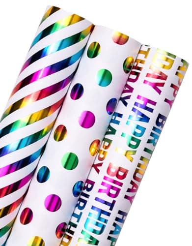 WRAPAHOLIC Birthday Wrapping Paper Roll - Mini Roll - 3 Rolls - 17 inch x 120 inch Per roll - Colorful Foil Birthday Design for Party, Holiday, Baby Shower