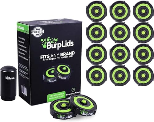 Burp Lids 14 Pack Curing Kit With NEW AUTO PUMP - Fits All Wide Mouth Mason Jar Containers - A Home Harvesting Essential. 14 lids + Electric Auto Pump. Vacuum sealed for successful cure