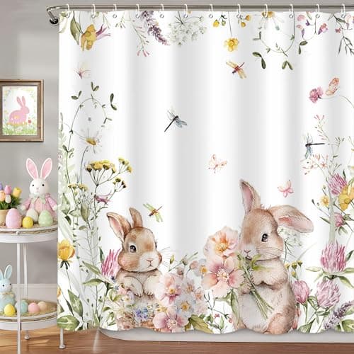 MEHOFOND Spring Easter Bunny Shower Curtains for Bathroom Cute Rabbits Floral Plant Watercolor Flower Shower Curtain Set with Hooks Home Bathroom Bathtubs Decor Washable Durable Fabric 72"x72"