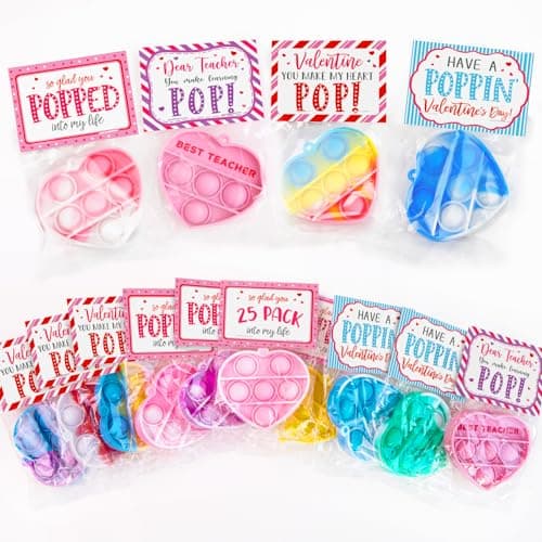 Valentines Day Gifts for Kids - Set of 25 Valentine Cards with Heart Pop Keychains - Bulk Fidget Toys for School Classroom Gift Exchange - Valentine's Day Party Favors for Toddlers Girls Boys