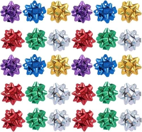 Best Christmas Bows for Gift #10 from aoukoslt 50 Pcs Colorful 1 Inch Gift Bows Christmas Bows Metallic Star Bows Party Gifts Wrapping Bows Adhesive Holiday Presents Bows for Valentine's Day, Gift Wrapping Supplies, Gift Wrap Bows