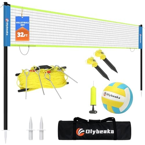 Portable Outdoor Volleyball Net Set for Backyard Beach with Adjustable Poles, Soft PU Volleyball & Pump, Carry Bag and Durable Anti-Sagging Net (Blue and Green, 32ft)