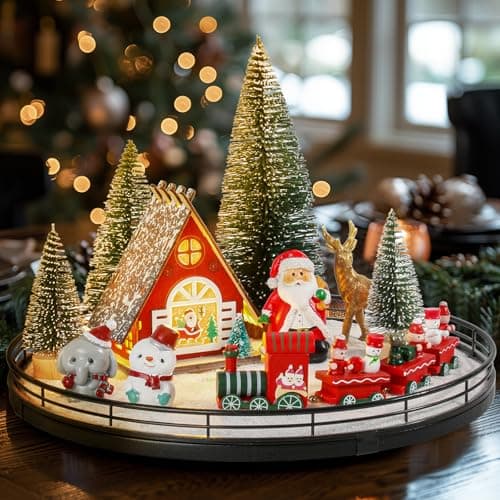 12 Pcs Christmas Table Decorations Christmas Village Sets with 13" Lazy Susan Winter Xmas Holiday Table Centerpieces Town Building Collection, Light-up House Christmas Trees Santa Snowman Indoor Decor