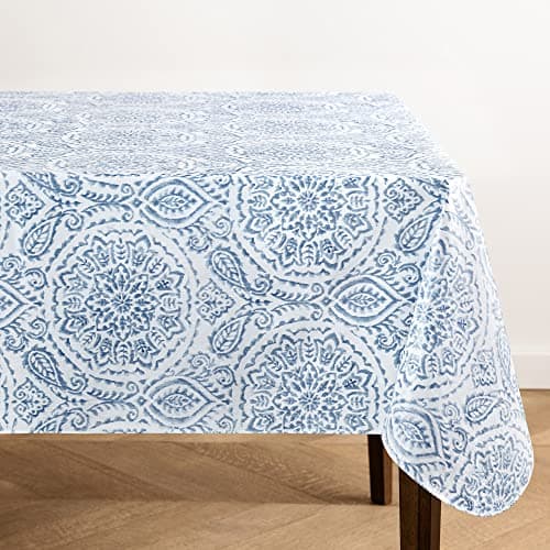 Elrene Home Fashions Savannah Boho Paisley Water- and Stain-Resistant Vinyl Tablecloth with Flannel Backing, 60 Inches X 102 Inches, Rectangle, Blue