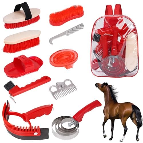 KHEARPSL Horse Grooming Kit, Horse Brushes for Grooming 10pcs Horse Cleaning Tool Set with Tote Bag, Sweat Scraper, Curry Comb, Brush, Hoof Pick, Horse Bathing Grooming Supplies Equine Care Supplies