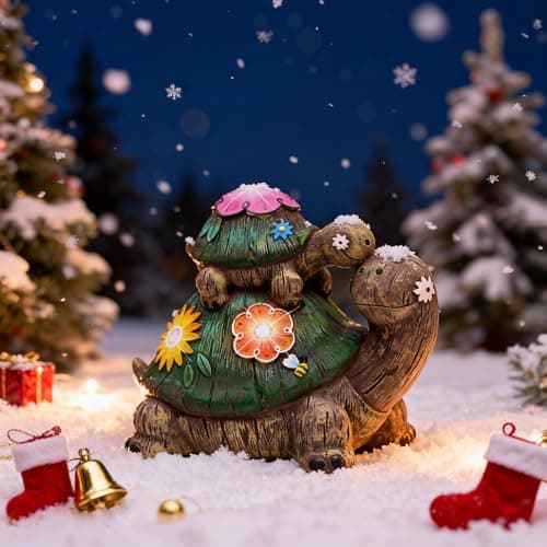 TERESA'S COLLECTIONS Garden Decor, Turtles Garden Decor, Family Tortoises with Solar Light, Waterproof Resin Garden Statue, Turtles Gifts Birthday Gifts for Women Mom