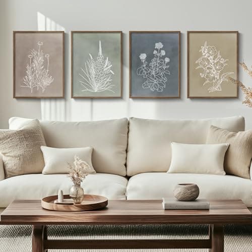 Framed Boho Botanical Wall Art for Living Room, 4 Piece Rustic Floral Canvas Painting Prints, Vintage Minimalist Neutral Flower Artwork for Modern Farmhouse Bedroom Dining Room Office Wall Decor