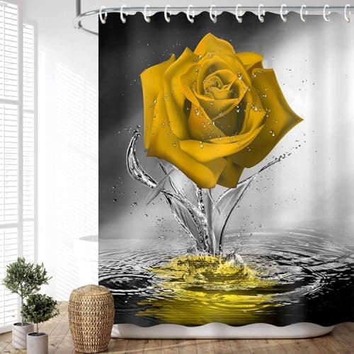 JAWO Yellow Rose Shower Curtain for Bathroom, Elegant Blooming Floral with Dew Spring Flower Reflection on Water Modern Romantic Valentine's Bathroom Decor Shower Curtains Set with 12 Hooks 69X75