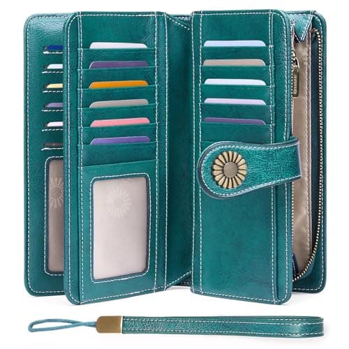 SENDEFN Wallets for Women Genuine Leather Credit Card Holder with RFID Blocking Large Capacity Wristlet