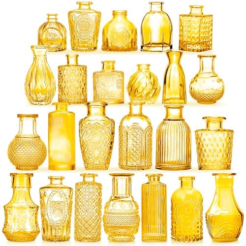 KOIUEYW Light Yellow Glass Bud Vases Set, 24 Pcs Vintage Small Vases for Flowers, Crystal Mini Glasses in Bulk, Small Flower Design for Centerpieces Wedding Decorations Home Flower Party Decor