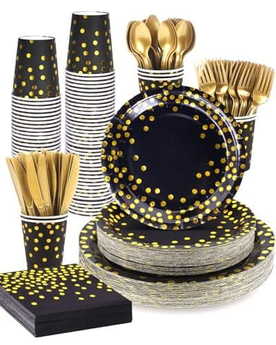 Lzerking 364 PCS Black and Gold Party Supplies, 52 Sets of Disposable Dinnerware Includes Paper Plates Cups Napkins, Plastic Knives Forks Spoons, Ideal for Birthday Graduation Wedding Festivals
