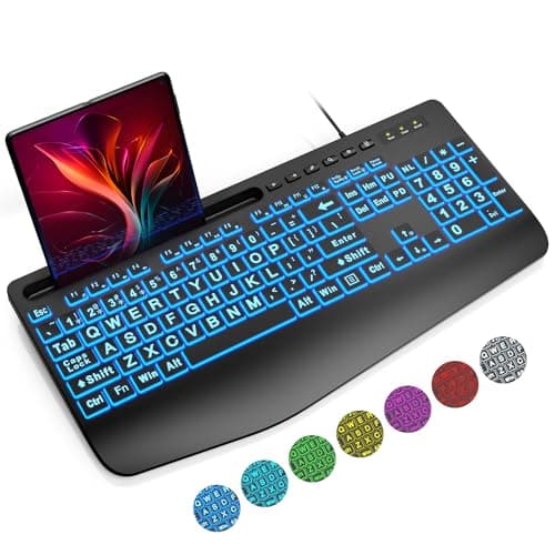 SABLUTE Large Print Backlit Computer Keyboards, Wired Lighted USB Keyboards with 7-Color Backlit, Wrist Rest, Phone Holder, Easy to Read and Type for Laptop, PC, Windows, Desktop