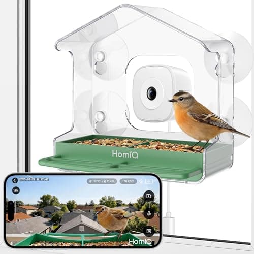 HomiQ Life Smart Bird Feeder with Window Camera, 2K HD Camera for Window Viewing, AI BirdSpecies Recognition & Instant Alerts, Sturdy Acrylic Outdoor, Alexa Compatible, Gift for Bird Lovers