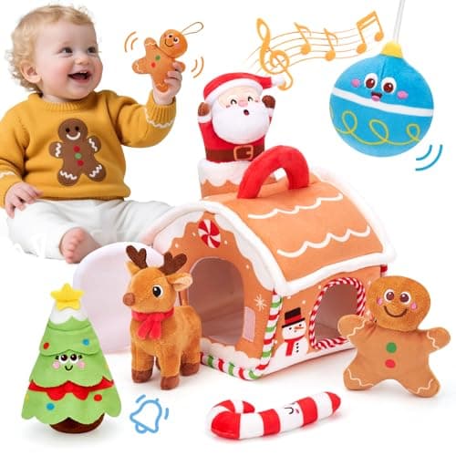 hahaland Baby Christmas Toy for 6 + 12 18 Months – Musical & Sensory Plush Christmas Toys Set with Gingerbread House, Santa, Reindeer, Gingerbread, Rattles & More Xmas Baby Stocking Stuffers
