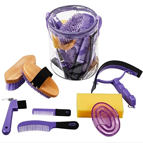 9 Pieces Horse Grooming Kit Tack Room Supplies Set with Organizer Tote Bag, Oval Massage Curry, Hard and Soft Brush, Hoof Pick, Sweat Scraper, Bathing Sponge, Combs for Horse Riders Beginners (Purple)