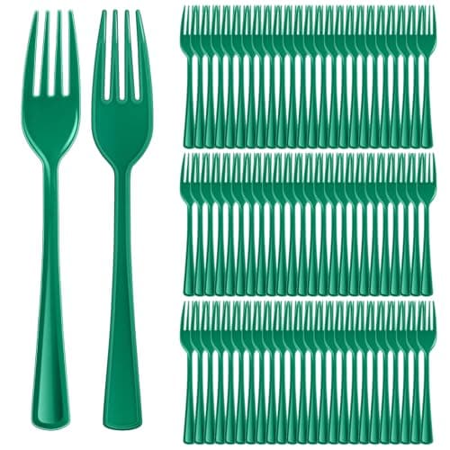 Roshtia 100 Pcs Green Plastic Forks Green Forks Disposable Utensils 7.3 Inch Heavy Duty Cutlery Set Disposable Cutlery Sets for Color Theme Party Supplies Birthday Picnics Wedding Outdoor