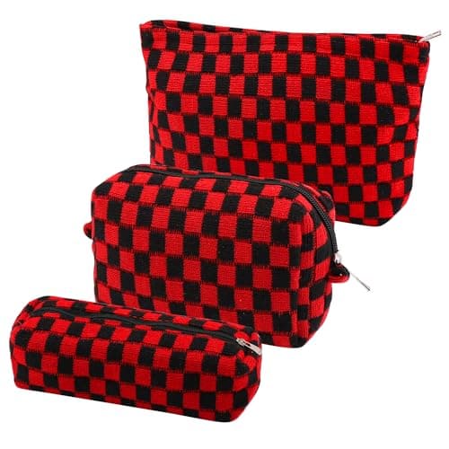 EIMMBD Makeup Bag 3 Pieces Large Capacity Checkered Cosmetic Bags Travel Toiletry Bag Organizer Cute Makeup Pouch Storage for Women(Red & Black)