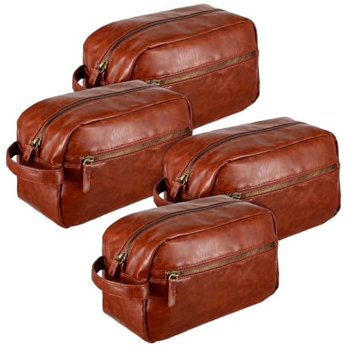 Lemecima 4 Pcs Men Travel Toiletry Bag, Bestmen Gifts Set, Leather Toiletry Bag Water Resistant Men's Travel Shaving Kit Bathroom Supplies for Wedding Party Favor, Anniversary (Dark Brown)