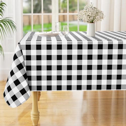 misaya Rectangle Waterproof Vinyl Table Cloth, Buffalo Flannel Backed Tablecloth, Wipeable Plastic Table Cover for Dinner, Kitchen, Outdoor (60" x 84", Black and White)