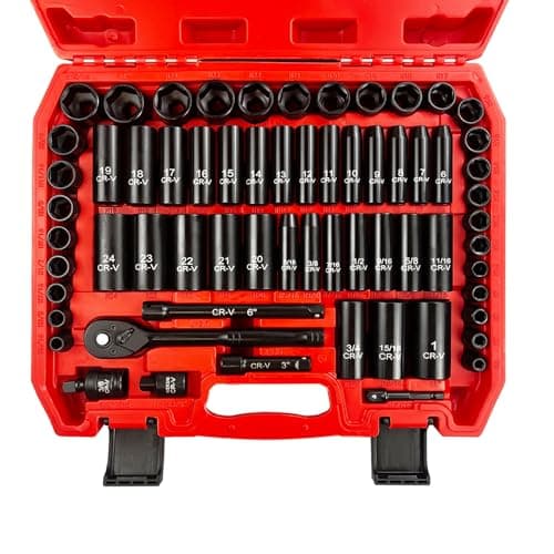 EACELIY 64pcs 3/8" Socket Set,Drive Impact Socket Set, SAE/Metric, Deep & Shallow, Cr-V Steel, 6 Point with Adapters, 72T Ratchet Handle, Extension Bars，Bit Adapter，6-24mm，5/16-1 inch