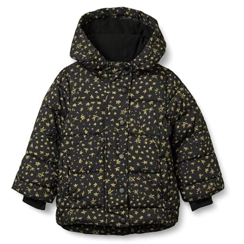 Amazon Essentials Baby Girls' Heavyweight Hooded Puffer Coat, Water-Resistant, Black Stars, 18 Months
